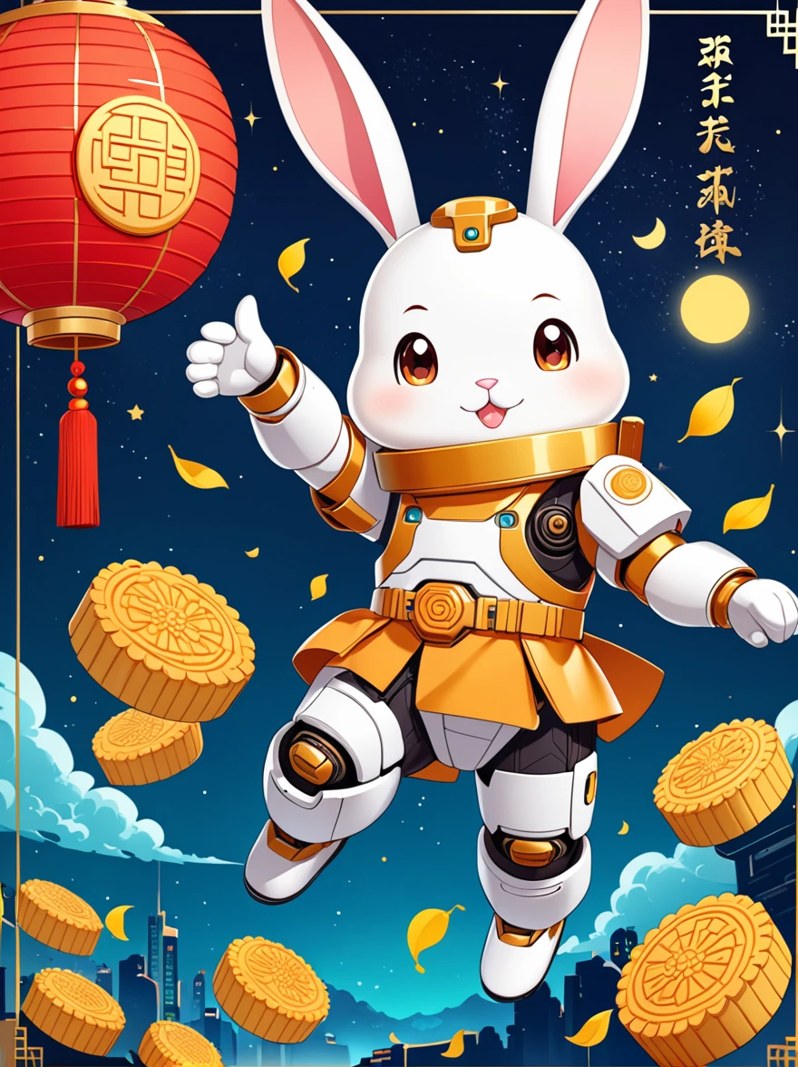 Create a poster with futuristic sci-fi mechanical concept for the Mid-Autumn Festival,By Mooncake、The cute mechanical white rabbit and the mechanical Chang'e in the Guanghan Palace are composed of three people.,Decorated with mechanical osmanthus trees and osmanthus flowers,dark blue tint,Shine under the stars,Ultra high saturation,Bright colors