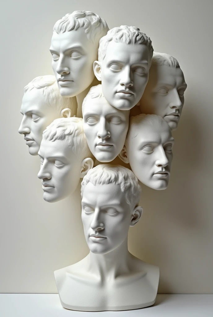 Expressionist artwork images of multiple floating ceramic heads of white men, 3d collage style, make it weird and gallery worthy