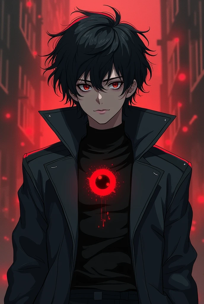 A berserk-style character, Trans man, shorth hair, but at neck height, he is very effeminate, He has 1,50 tall, dark eyes and black hair and he wears an overcoat, mid curly hair, on the chest of the coat there is a red eye
