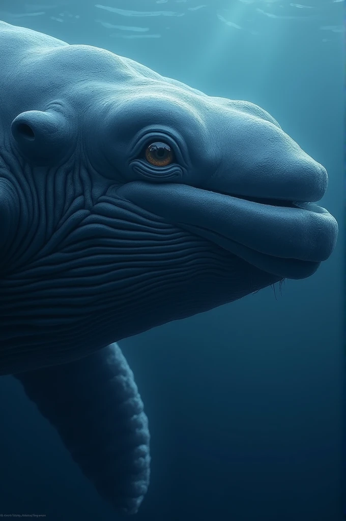 "A close-up view of a blue whale's eye and fins, showcasing the details of its immense size and unique features."