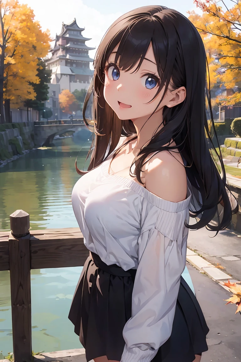(Highest quality), (masterpiece)、(Very detailed)、(Beautiful girl alone)、(cute)、20-year-old、Take-out、(evening)、(Promenade in the nature park)、sweater、(Off the shoulder)、Long sleeve、(Outdoor)、(Lots of trees with autumn leaves)、light up、Light brown hair、(blue eyes)、Detailed eyes、Eyes Wide Open、Detailed face、Laughter、Please keep your mouth open、Big Breasts、Hair length、(Upper Body Shot)、Japanese castle in the background、Standing on the bridge、(look up:1.3)