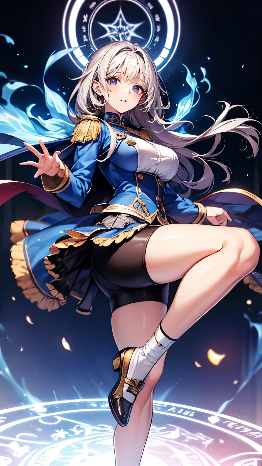 （Very delicate and beautiful：1.2）super model,,Beautiful breasts,voluptuous,【bike shorts】,,【3girls】,,Highest quality, High resolution, 8k,mini skirt,uniform,knife,Blue Flame.magic circle.
