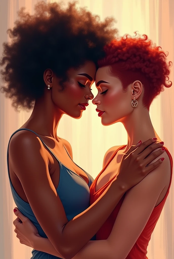 Create a drawing of two lesbian girls, one brunette with almost afro and medium curly hair and the other white with short curly hair but it looks very dark red
