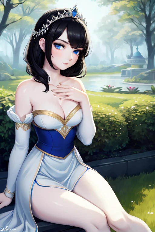 A beautiful young woman with jet black hair in an elegant updo, striking blue eyes, and porcelain white skin, sitting in a lush garden, watching the birds with a serene expression, Disney-inspired snow white princess, detailed portrait, highly realistic, photorealistic, 8k, best quality, intricate details, glowing skin, soft lighting, warm colors, magical atmosphere, fantasy, dreamlike, elegant, graceful