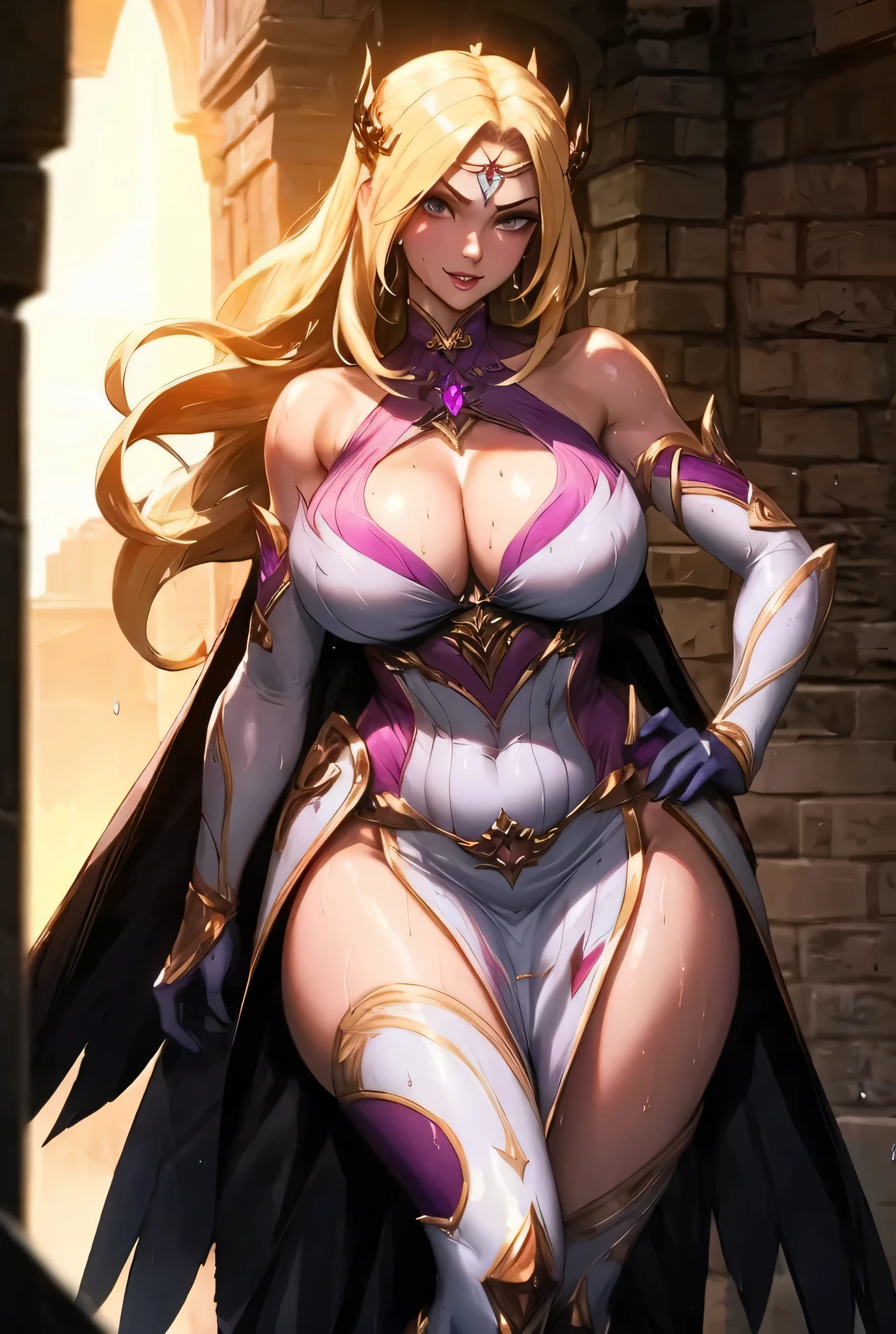 masterpiece,Soul Land_Qian Renxue,Raven suit ,best quality,dress, gigantic breasts,muscle,in dungeon, looking at viewer, cowboy shot,golden hair, curvy, bule eyes,a female tyrant with a penchant for torture,fog,drenched in sweat,pink cheeks,shiny suit ,smile, white teeth,gloomy light,balanced eyes,The two hands are interlaced in front of the chest,plump body,

