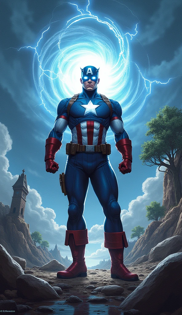 Illustrate Captain America at the moment he awakens to his new power of time manipulation. The scene should be dynamic and intense, focusing on the transformation as time begins to ripple around him. Captain America stands at the center of the image, his posture strong and resolute, but with a hint of shock in his expression as he realizes the immense power he now possesses. His eyes glow with a radiant blue-white light, symbolizing the newfound power. Around him, the environment begins to distort: the air ripples in concentric waves, and objects nearby, such as rocks and debris, seem to blur and stretch, as if being pulled by the currents of time. The background should depict a partially shattered landscape, with hints of past and present colliding—perhaps a broken clock, with its hands spinning uncontrollably, or a tree with leaves in different stages of growth. Light and shadow play dramatically across Captain America’s figure, with his iconic suit catching the glow from his eyes, adding a surreal touch to the scene. In the sky above, clouds swirl in a circular pattern, mimicking the ripples of time emanating from Captain America. Lightning crackles through the clouds, illuminating the scene with flashes of light. The overall atmosphere should be one of raw power and awe, with a sense of the world bending to the will of this new, uncontrollable force