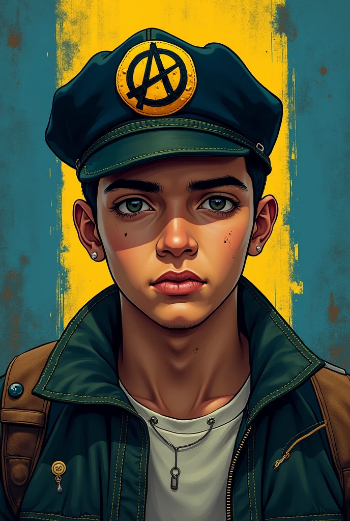 Young man with a beret with a black anarchist symbol with yellow parts and the Guatemalan flag in the background