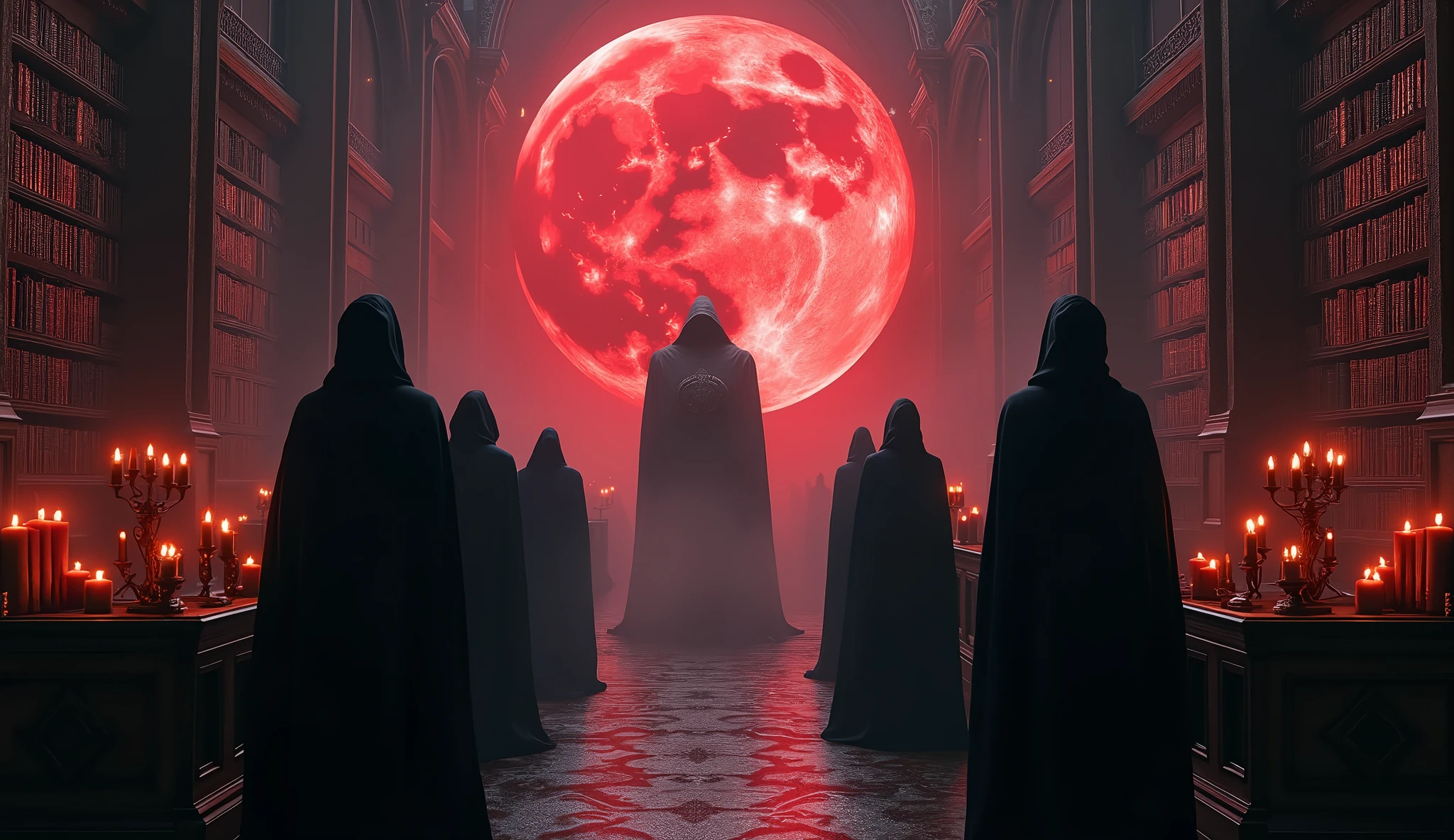8k、 big red moon   ,zoom up(number々の賞を受賞したmasterpiece、Incredible detail、Texture、Maximum details),purple flame candle, (summoning magic),(The moonlight at night is beautiful), (Demon King&#39;s Castle),(dark organization)arafed image of a group of people in a church with candles,lit candle, dark cinematic concept art, elegant cinematic fantasy art, photorealistic dark concept art, by Beeple, dark robes, wojtek fus, gothic epic library concept, gothic epic library, epic cinematic concept art, dark concept art, Beeple and mike winkelmann, symmetrical epic fantasy art, High resolution, masterpiece, Highest quality, Intricate details, Very detailed, Clear focus, practical skin texture, texture,  Shot with Canon, 85mm, Shallow and deep, Kodak Vision Color, Exactly, Very detailed, photograph_\(Extremist\), photographpractical, practical, Post-processing, Maximum details, Roughness, Real Life, Extremist practical, Photorealism, photographgraphy, 8K Ultra HD, photographgraphy
