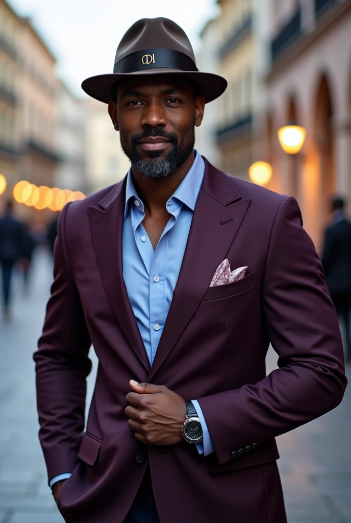 Forty year old black man, very elegant and sophisticated, with a goatee,wearing fedora hat, from middle aba, linen shirt, azul anil, Slim-cut Italian blazer in purple grape and wine colors Italian loafer shoes in wine colors The initials DL are written on the hat band and on the lapel of the blazer The image takes place at dusk in a square
