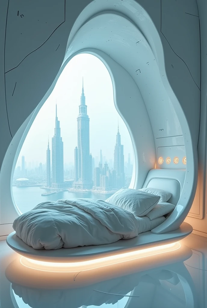 Imagine an incredible futuristic room with a bed that is unique but incredible for being from the future.