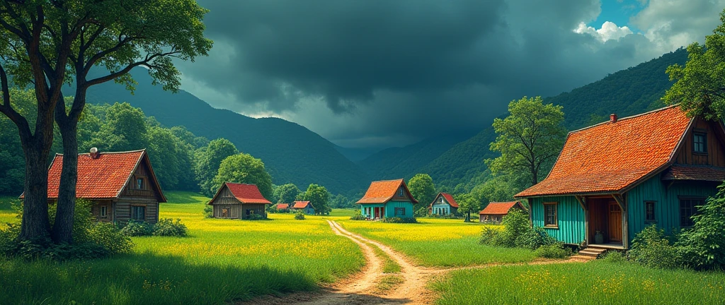 "Daytime rural village with lush greenery, colorful houses (one teal with red roof, one with dark wooden textures), bright grass, large trees, and a dirt path. The sky is dark and dramatic, hinting at a storm. The art style is vibrant, painterly, and slightly surreal,hdr."
