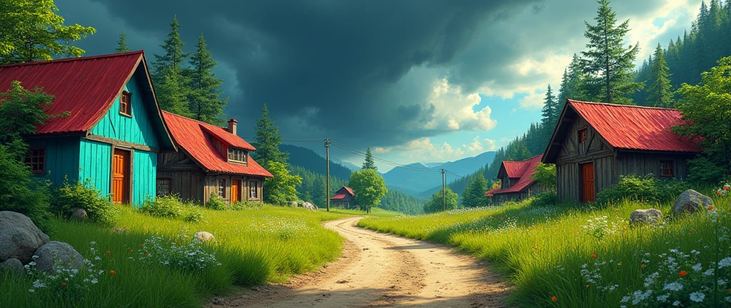 "Daytime rural village with lush greenery, colorful houses (one teal with red roof, one with dark wooden textures), bright grass, large trees, and a dirt path. The sky is dark and dramatic, hinting at a storm. The art style is vibrant, painterly, and slightly surreal,hdr."