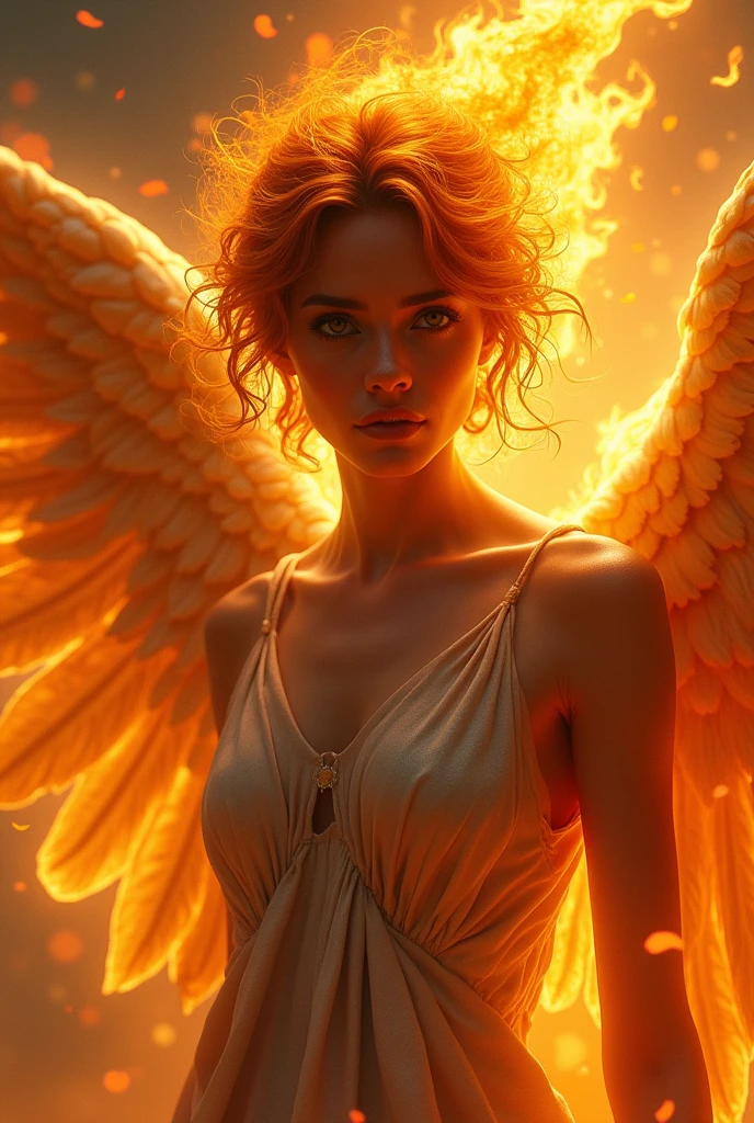 Por favor, create an image of a splendid and enigmatic angel. This angel must be bathed in radiant sunlight, radiant light that exudes an aura of celestial mystery and wonder. A pose do anjo, context, and appearance can contribute to the sense of mystique. The angel's hair must be of fire and behave like a flaming flame and his face must be androgynous and beautiful., your eyes must be black, black and convey a feeling of melancholic sadness and anger. Ele deve ter sob sua cabeça uma auréola de luz negra que contrasta coma luminosity e esplendor ao redor. Push the boundaries of color, luminosity, and intricate detailing to create an image that captivates the viewer's imagination and conveys the angel as a divine authority. Your artistic skills are crucial to bringing this splendid angelic vision to life.