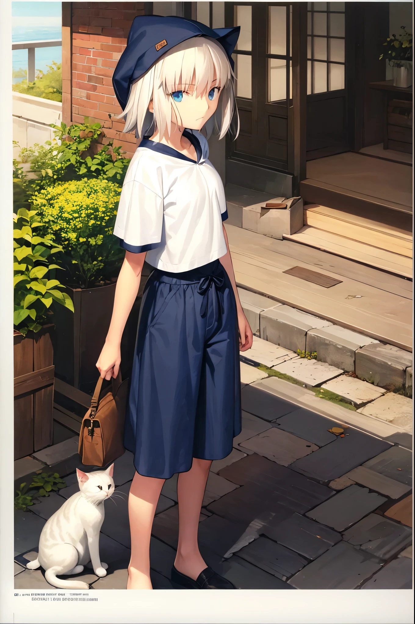 Cat hoodie, front, top quality, masterpiece, one girl, , short gray hair, blue eyes, cat knit hat, short sleeves, shorts, nature