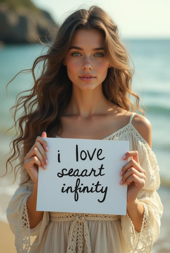 Beautiful girl with wavy long hair, bohemian dress, holding a white board with text "I Love Seaart Infinity" and showing it to the viewer
