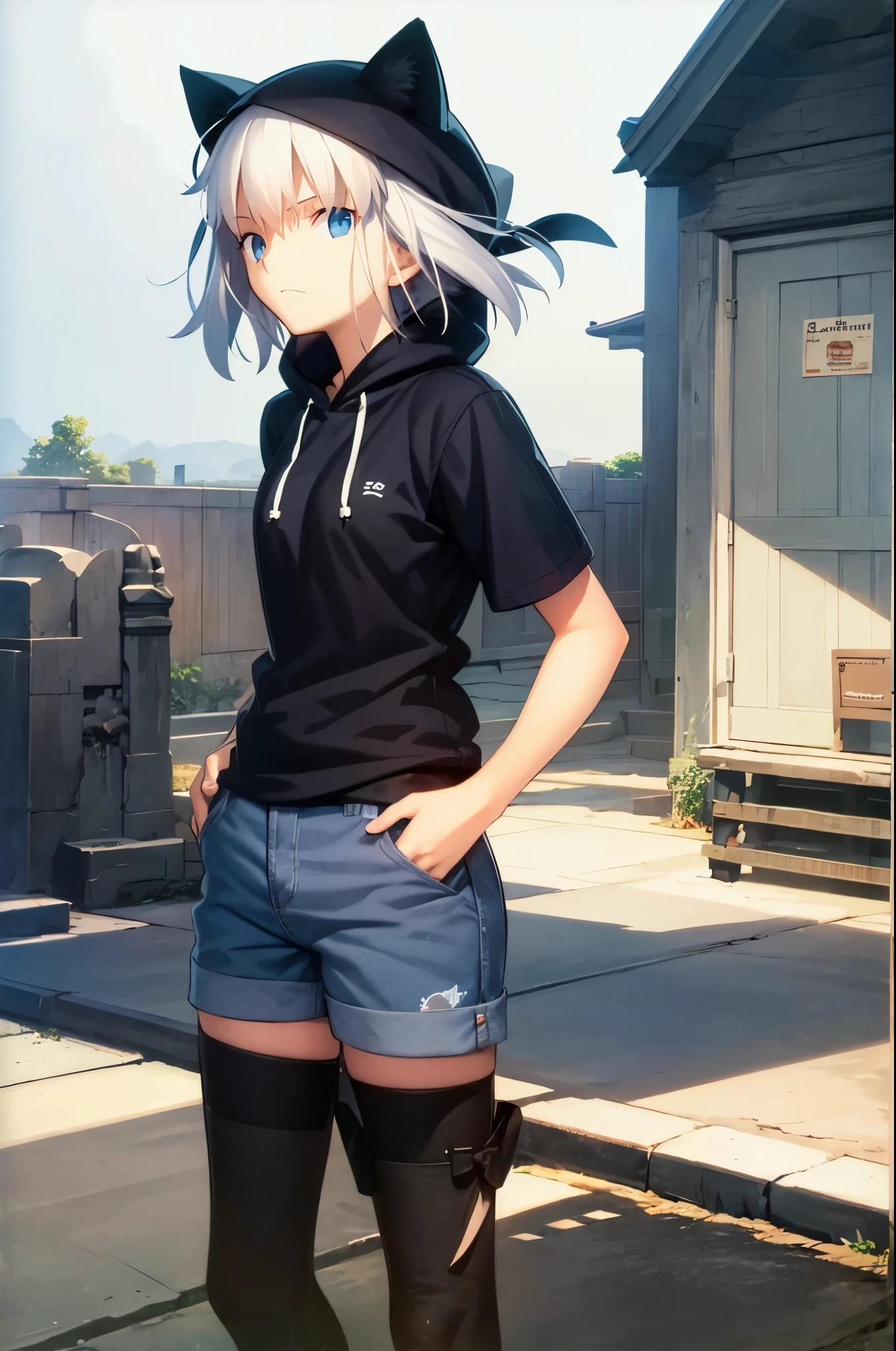 Cat hoodie, front, top quality, masterpiece, one girl, , short gray hair, blue eyes, cat knit hat, short sleeves, shorts, nature