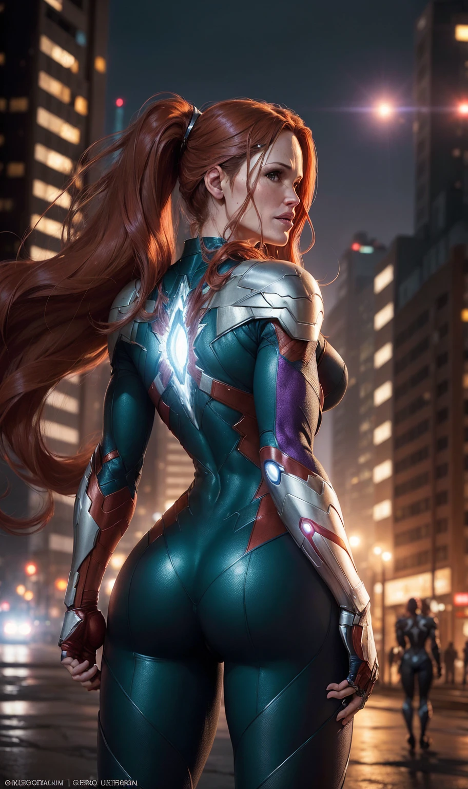 ((Jennifer Garner as Electra)), ((rear view)), ((marvel superhero)), (work of art, 4k resolution, ultra-realistic, very detailled), (White superhero theme, charismatic), [ ((age 25), (long redhead hair:1.2), whole body, (greeneyes:1.2), (show of force), ((sandy urban environment):0.8)| (urban landscape, at night, dynamic lights))] # Explanation: The prompt mainly describes an ultra-high-definition 4K painting, seminua, sexy panties, panties in the crease, ass exposed