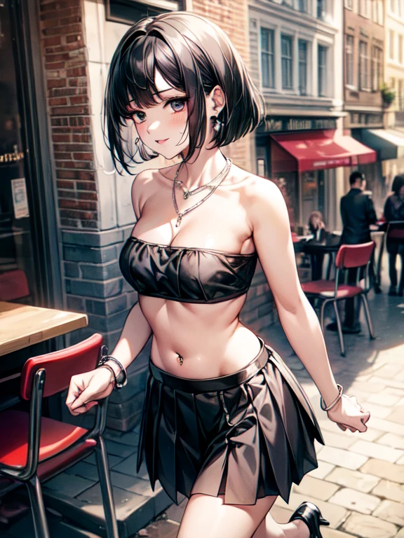 ((masterpiece, Highest quality, Very detailed)), anime CG,
One girl, 20 years old, full makeup, black hair, bob cut, swept bangs, BREAK ((black eyes)), droopy eyes, thick thighs, medium breasts, focus lip,
((lots of pierced earrings, silver chain necklace, silver bracelet)),
((bare belly button, belly piercing)),
BREAK from side, looking at viewer, smile, full-body shot,
((walking)),
BREAK ((black cropped bandeau top)), ((cleavage)), (black pleated mini skirt with belt)), black ankle socks, black high heel strap pumps,
BREAK Outdoors, Amsterdam exterior, daytime, large windows, bicycles parked nearby, Dutch architecture, cozy atmosphere, people sitting at outdoor tables, pastries, warm colors, soft natural light,