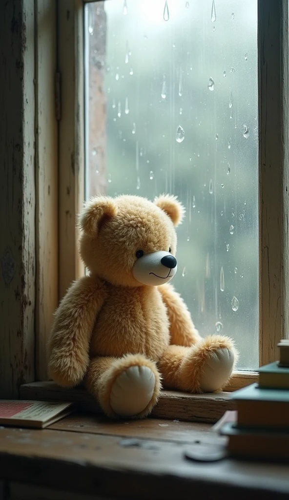 A teddy bear sitting on a window sill while it was raining. 