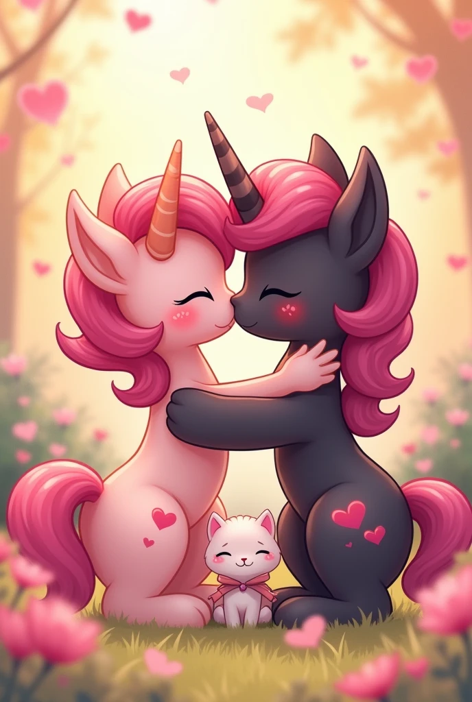 Pink and black male and female pony kissing in love, kawaii anime, more in love with their most tender kitten son 