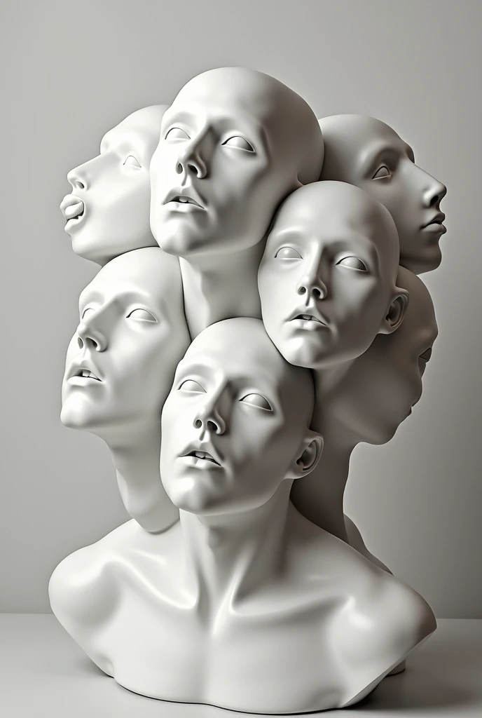 Expressionist artwork images of multiple floating ceramic heads of white men, 3d collage style, make it weird and gallery worthy