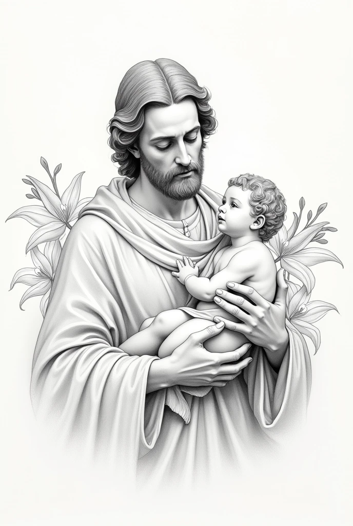 Saint Joseph just the bust with lilies and Jesus but hands in a hand-drawn style, only with pencil outlines