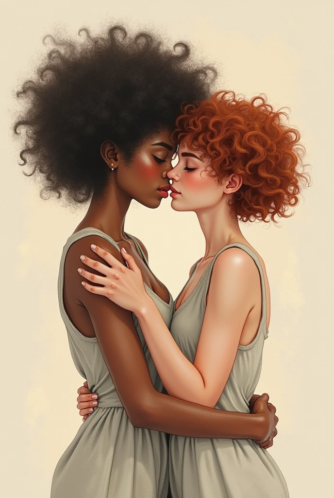 Create a drawing of two teenage lesbian girls, one brunette with almost afro and medium curly hair and the other white with short curly hair but it looks very dark red