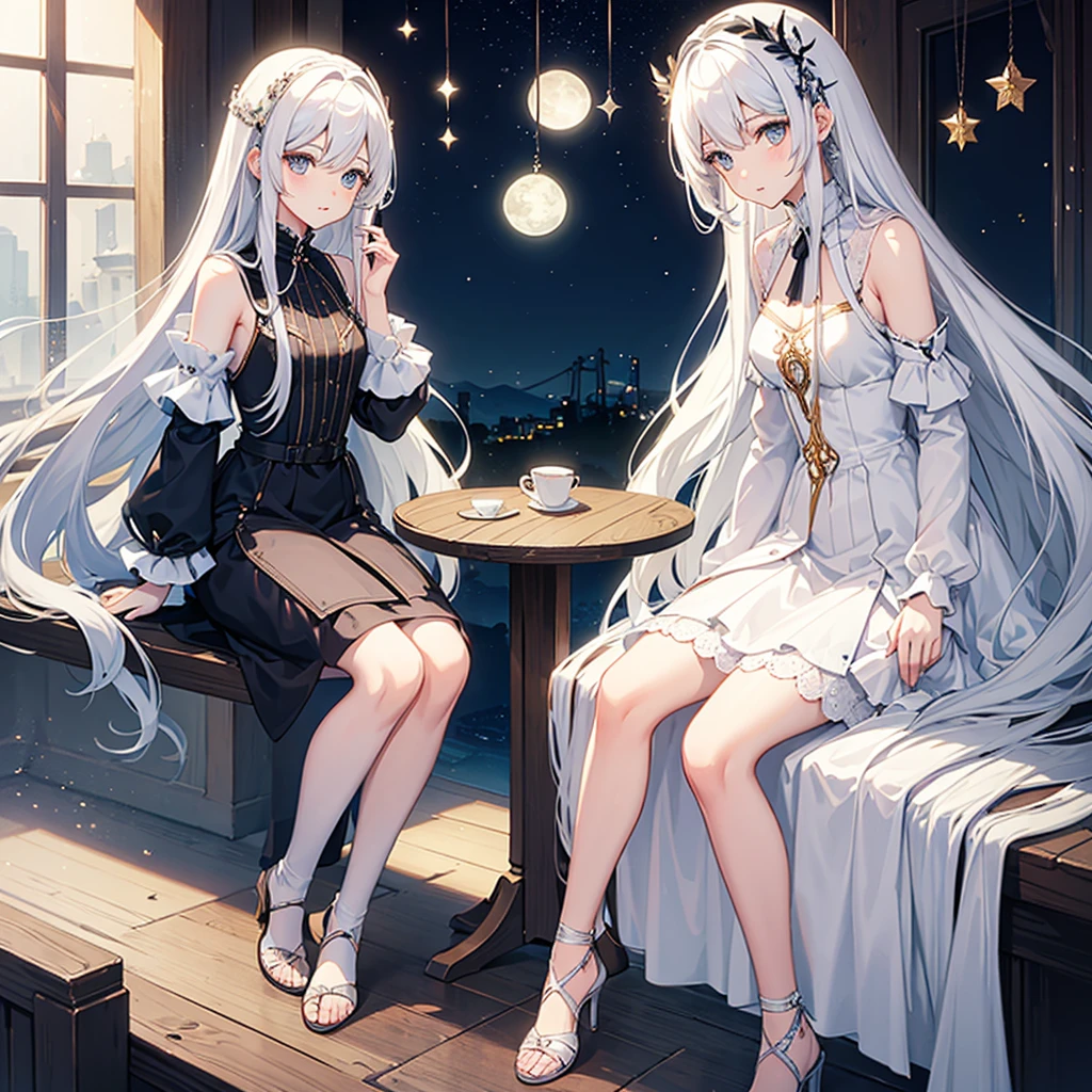 Both twins sitting with long white hair, one a son of the moon and the other a daughter of the sun.