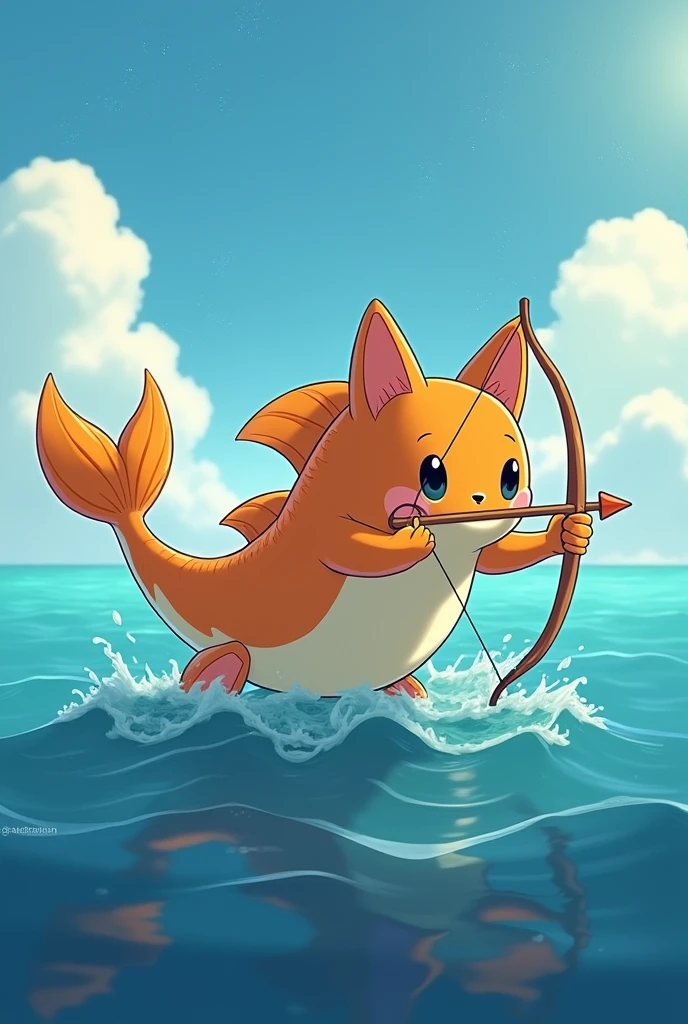 Hi, give me an image of the fish bow referring to a fish with a bow and arrow, as if it were the fusion of Sagittarius with Pisces, but it should be in the Studio Ghibli style, but without horns, and be friendly, and sweet, that has no feet, just tail and be on top of the sea, but it doesn't look too Pokémon, that doesn't have a cat face, but of a fish, Beautiful, but if it stops being part of Studio Ghibli, that has no hands, that they are fins, that does not have cat ears, that has fins like ears, that is closer to a fish
