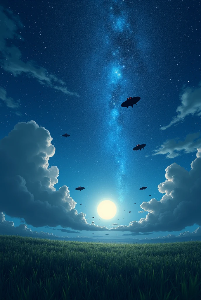 Starry night with massive stars and moon. With small flying vihecles. Photo taken in grass field
