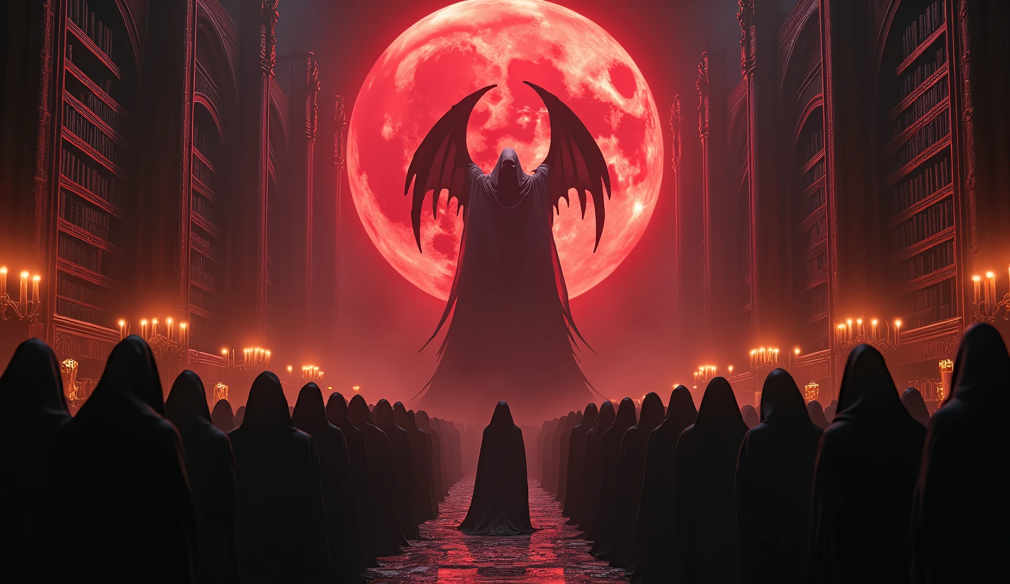 8k、 big red moon   ,zoom up(number々の賞を受賞したmasterpiece、Incredible detail、Texture、Maximum details),purple flame candle, (summoning magic),(The moonlight at night is beautiful), (Demon King&#39;s Castle),(dark organization)arafed image of a group of people in a church with candles,lit candle, dark cinematic concept art, elegant cinematic fantasy art, photorealistic dark concept art, by Beeple, dark robes, wojtek fus, gothic epic library concept, gothic epic library, epic cinematic concept art, dark concept art, Beeple and mike winkelmann, symmetrical epic fantasy art, High resolution, masterpiece, Highest quality, Intricate details, Very detailed, Clear focus, practical skin texture, texture,  Shot with Canon, 85mm, Shallow and deep, Kodak Vision Color, Exactly, Very detailed, photograph_\(Extremist\), photographpractical, practical, Post-processing, Maximum details, Roughness, Real Life, Extremist practical, Photorealism, photographgraphy, 8K Ultra HD, photographgraphy
