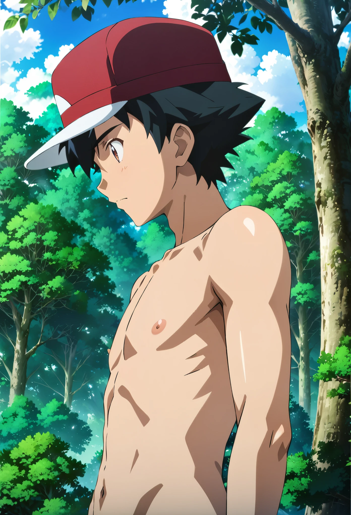 xy_2, black hair, red and white cap, brown eyes, high quality, score_9, score_8_up, score_7_up, amazing quality, best aesthetic, intricate details, masterpiece, best quality, 1male, solo, male_focus, feeling shy, fully naked, profile view, outdoors in a forest, sunny day, full body, male genitals, small-size soft penis, handsome, detailed face, eyes and hands without errors, anime style, high detail, unity 8k wallpaper, high resolution, detailed high quality background, pene pequeño, detalle nítido, extremadamente detallado, Intrincado, Alta resolución, standing, skinny fit, legs visible, testicles, young, flaccid dick, small dick, uncensored, nsfw