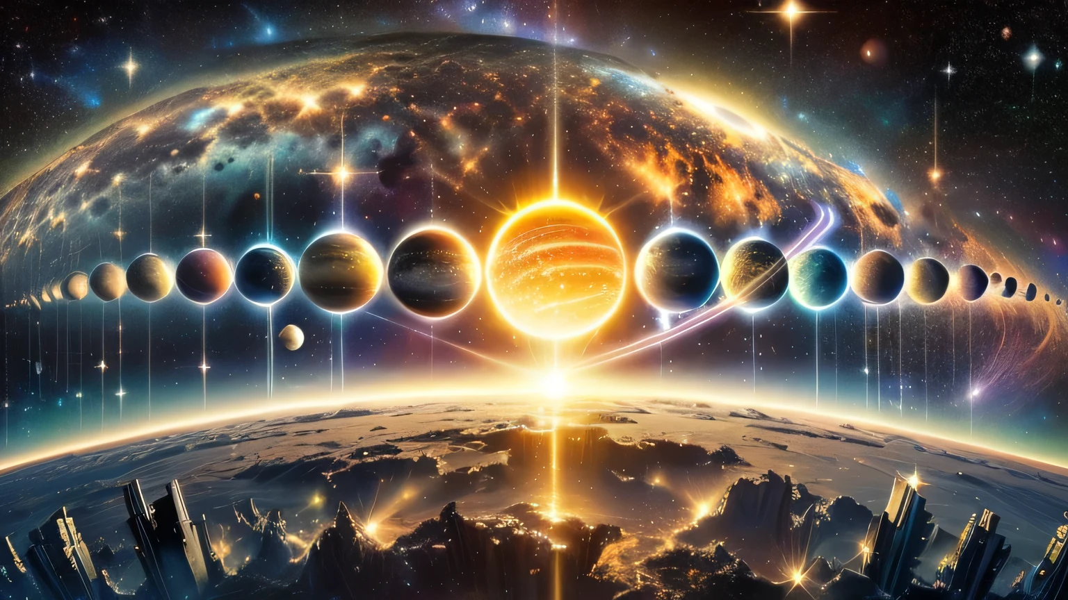 a close up of a solar system with planetes in the background, planetes align, meaning of life in the universe, planetes, solar system, planetes and stars, planetes and galaxies, the mid-journey multiverse, planetes in the skies, planetes behind, planetes in the sky, planetes in the background, Heavenly Bodies, stars and planetes, space photography, humanity as a cosmic structure