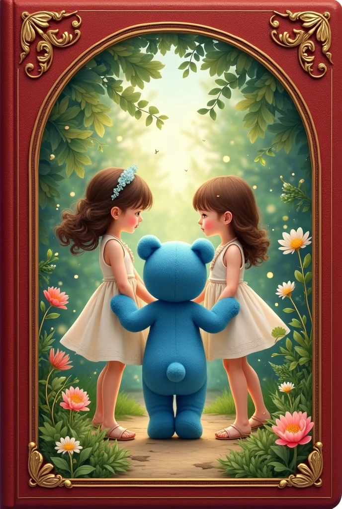 Burgundy red book cover with a picture of two girls, one on each side, holding the paws of a blue teddy bear, walking in a garden backwards