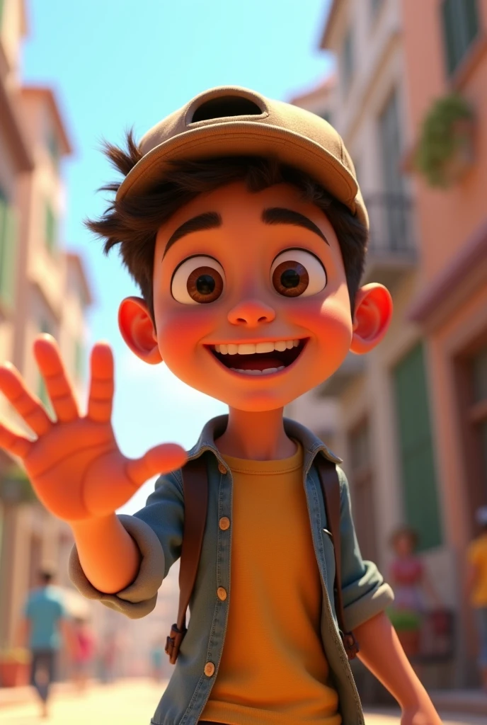 A 2 Pixar-style young man with a cap on backwards waving, only half of his body visible 