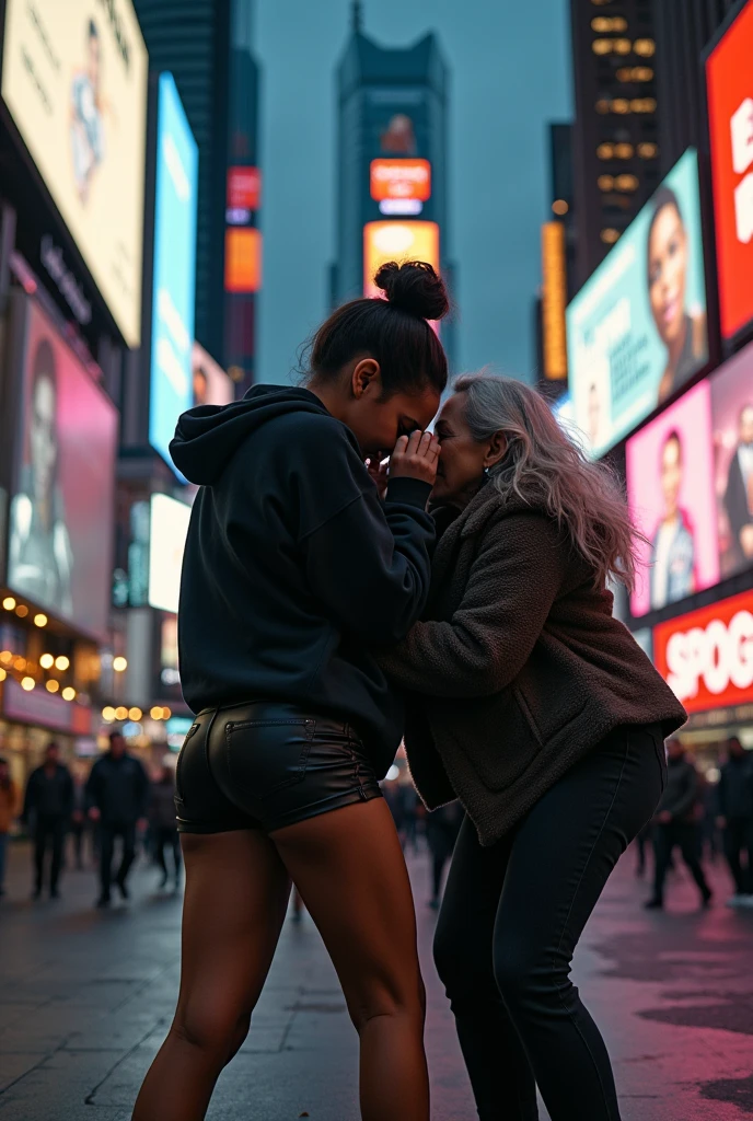 black woman hair in a bun black hoodie black leather short shorts bent over and old woman humping her bump time square new york city