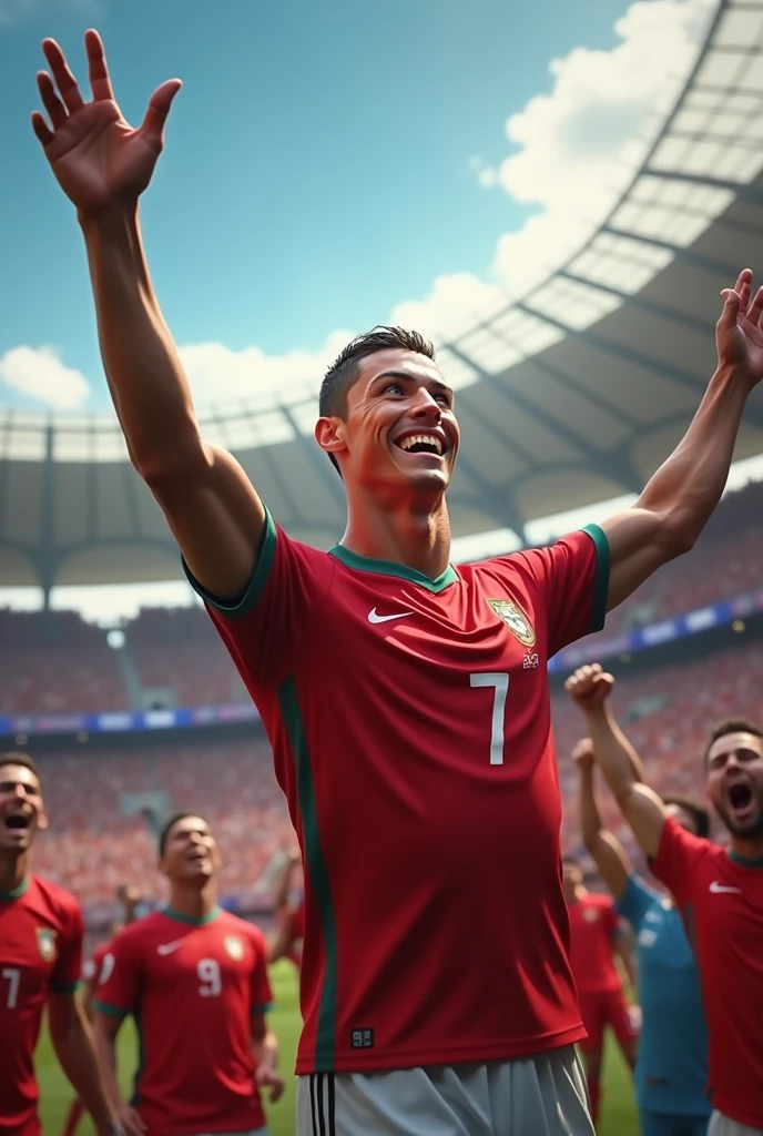 Celebration after a Goal** :
"Cristiano Ronaldo raising his arms to the sky, celebrating after scoring a decisive goal. His radiant smile and the energy of the supporters around him create a festive atmosphere.. Keywords : Cristiano Ronaldo, celebration, but, joy, supporters.maillo Portugal.number 7 standard mode ;4hd
