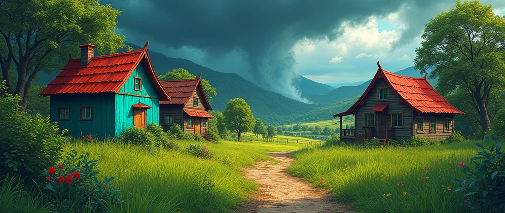 "Daytime rural village with lush greenery, colorful houses (one teal with red roof, one with dark wooden textures), bright grass, large trees, and a dirt path. The sky is dark and dramatic, hinting at a storm. The art style is vibrant, painterly, and slightly surreal,hdr."