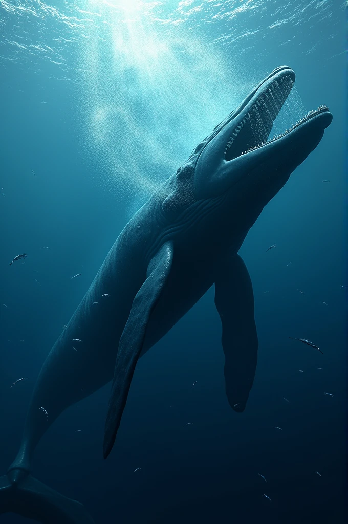 "A blue whale feeding on a dense swarm of krill, with a dynamic underwater scene illustrating the contrast between