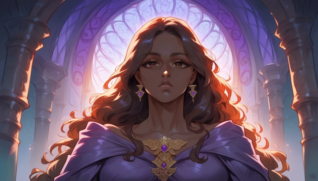 A woman with brown skin, pervert expression, front view, dark and purple medieval room scenery, detailed face and eyes, long flowing hair,, dramatic lighting, fantasy, cinematic, luxury aura