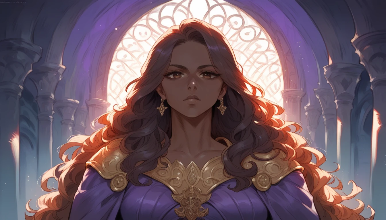 A woman with brown skin, pervert expression, front view, dark and purple medieval room scenery, detailed face and eyes, long flowing hair,, dramatic lighting, fantasy, cinematic, luxury aura
