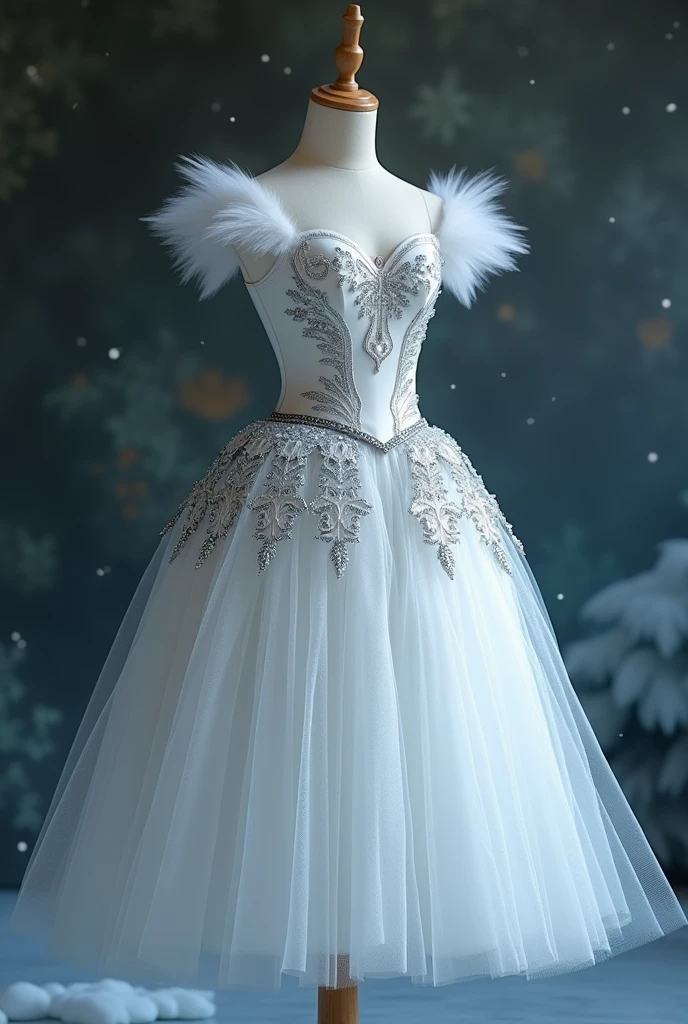 Make me a ballet costume for snowflakes from The Nutcracker, something pretty and elegant, a romantic tutu, white with silver, that looks magical and reaches their knees. to be seen from the front.
Another somewhat similar option without many details and with silver spikes on the skirt, short to the knees and with a ballet torso, much more silver.
other