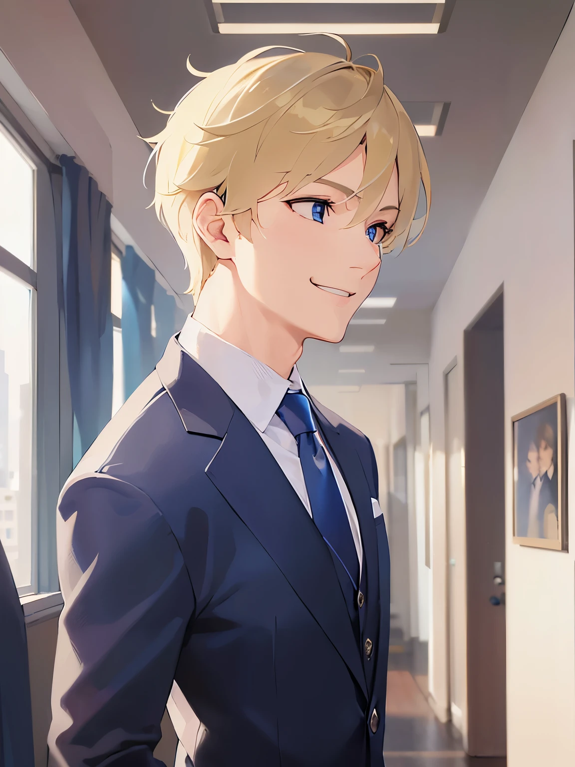 side angle, (looking away:1.5),upper body、shiny skin、masterpiece、Highest quality、BREAK ld male:1.5) and (Blonde short hair) and (Blue eyes), (Wearing a suit:1.3) and (tie) BREAK 
(smile:1.5),open mouth,Are standing、The background is the office、(alone:1.5)、Upper body is shown、