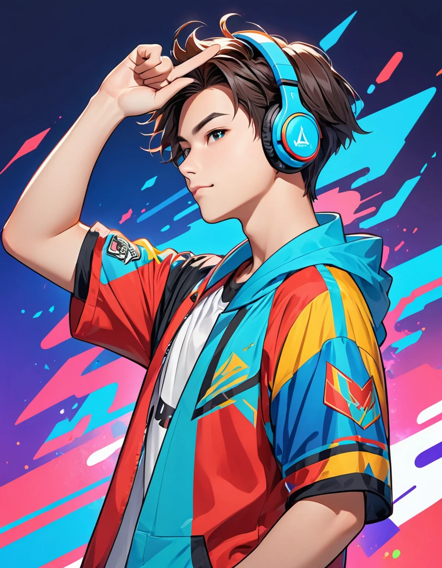 A boy who has a Joline is giving a pose like an Esport T1 player, which he stands up and raises his head a little and the index of his right hand and middle finger is above his ear and his background Gaming Colors