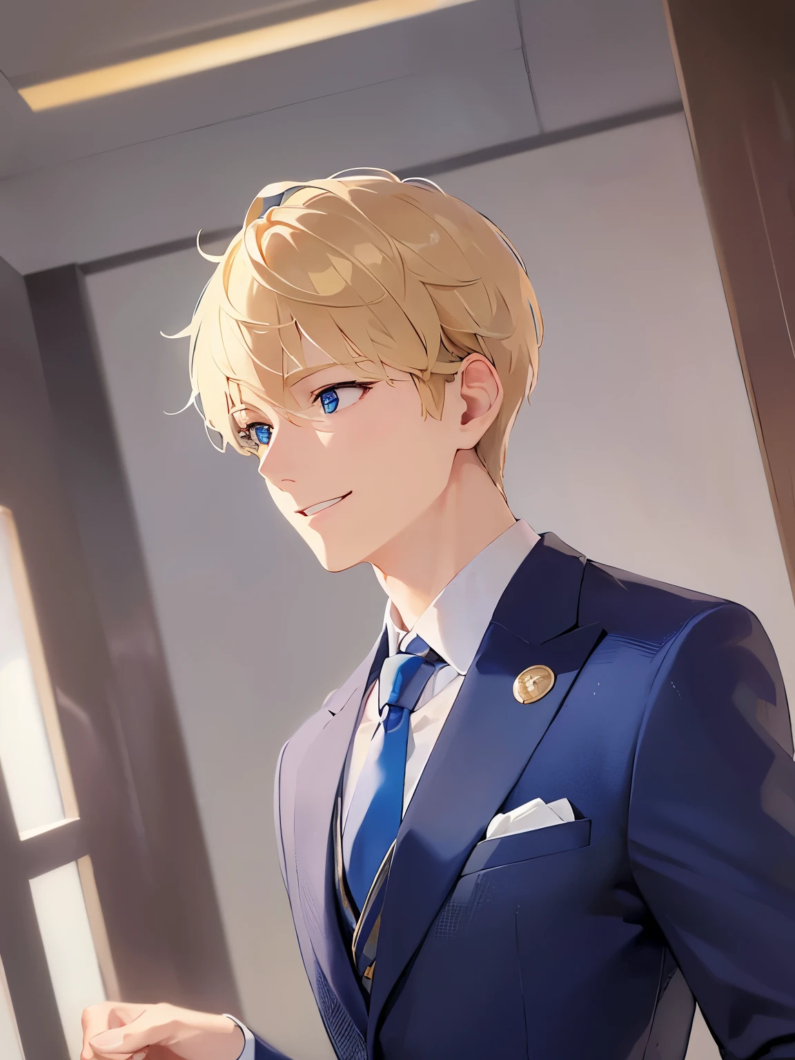side angle, (looking away:1.5),upper body、shiny skin、masterpiece、Highest quality、BREAK ld male:1.5) and (Blonde short hair) and (Blue eyes), (Wearing a suit:1.3) and (tie) BREAK 
(smile:1.5),open mouth,Are standing、The background is the office、(alone:1.5)、Upper body is shown、