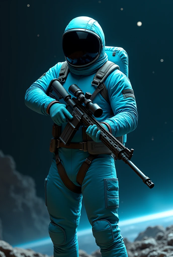 Man Astronaut with black helmet and cyan suite with sniper full body and space background 