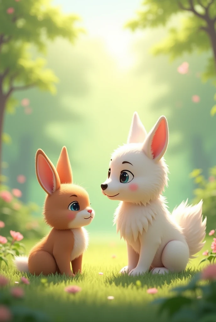 Cartoon anime 3D characters of The cute brown rabbit, now free, stands before the cute young white wolf, looking up at him with gratitude. The cute young white wolf's expression is soft, showing his kind nature as he listens to the cute brown rabbit's words of thanks.