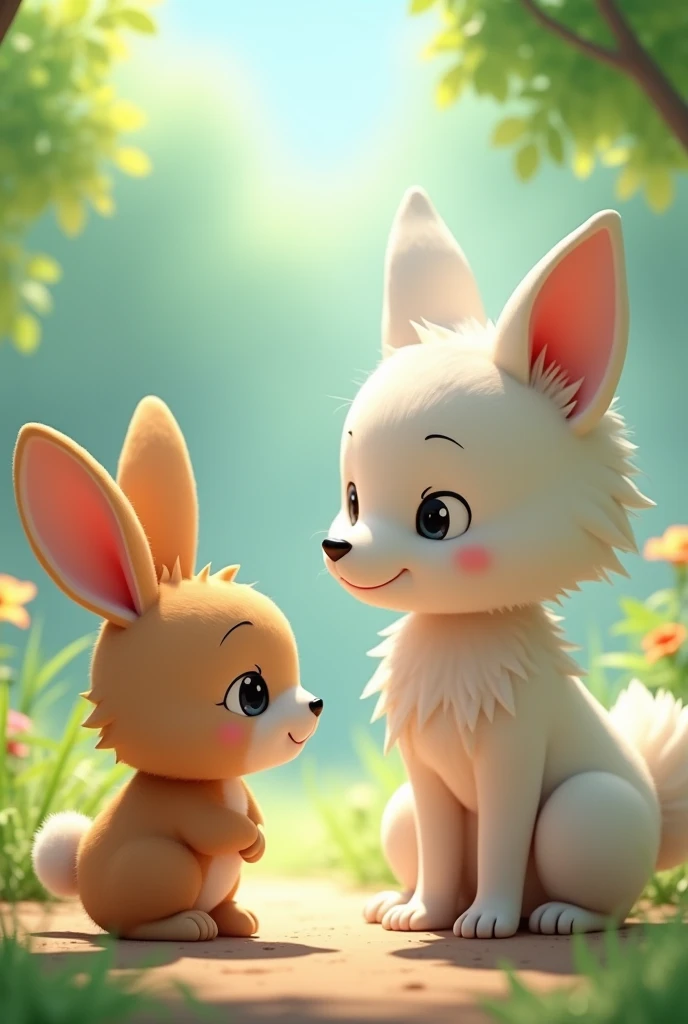 Cartoon anime 3D characters of The cute brown rabbit, now free, stands before the cute young white wolf, looking up at him with gratitude. The cute young white wolf's expression is soft, showing his kind nature as he listens to the cute brown rabbit's words of thanks.