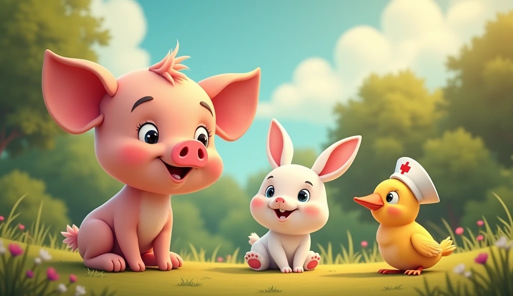 Animated image for the cover of a story that contains a dirty little pig next to a white bunny with a nursing cap and a little bird with an injured wing