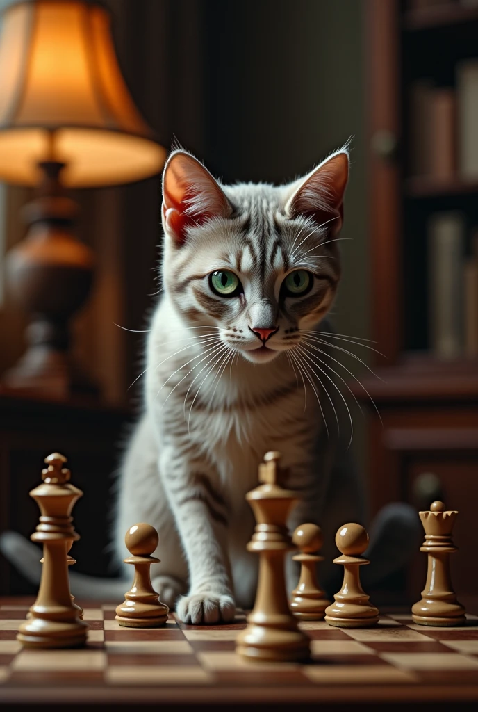 Profile image of a green-eyed feline sitting and playing chess 